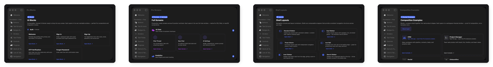 Overview of every DesignFoundationPro screen, block, and shell