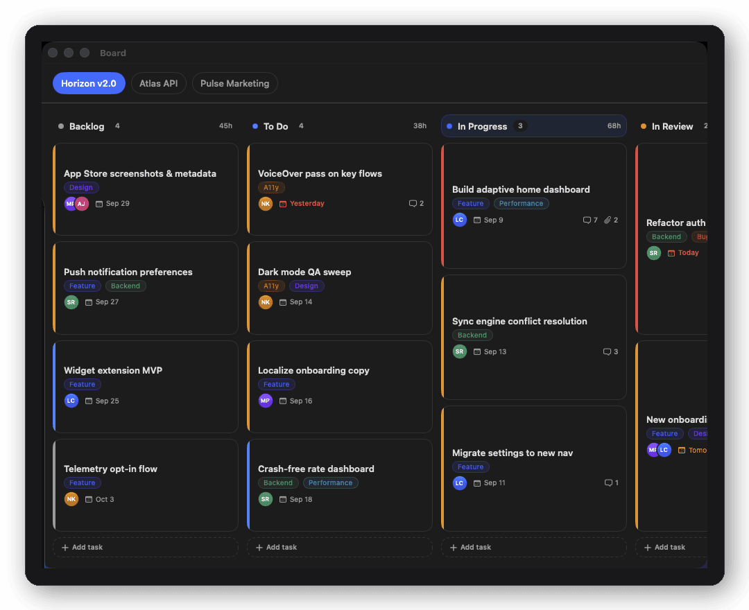 Project Manager — Board screen