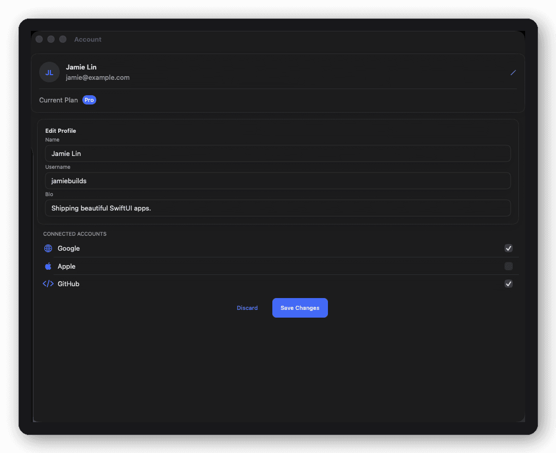 Settings — Account screen