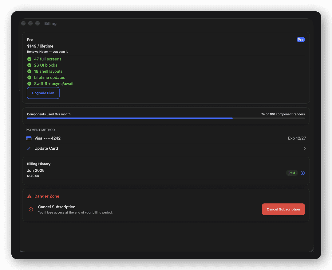 Settings — Billing screen