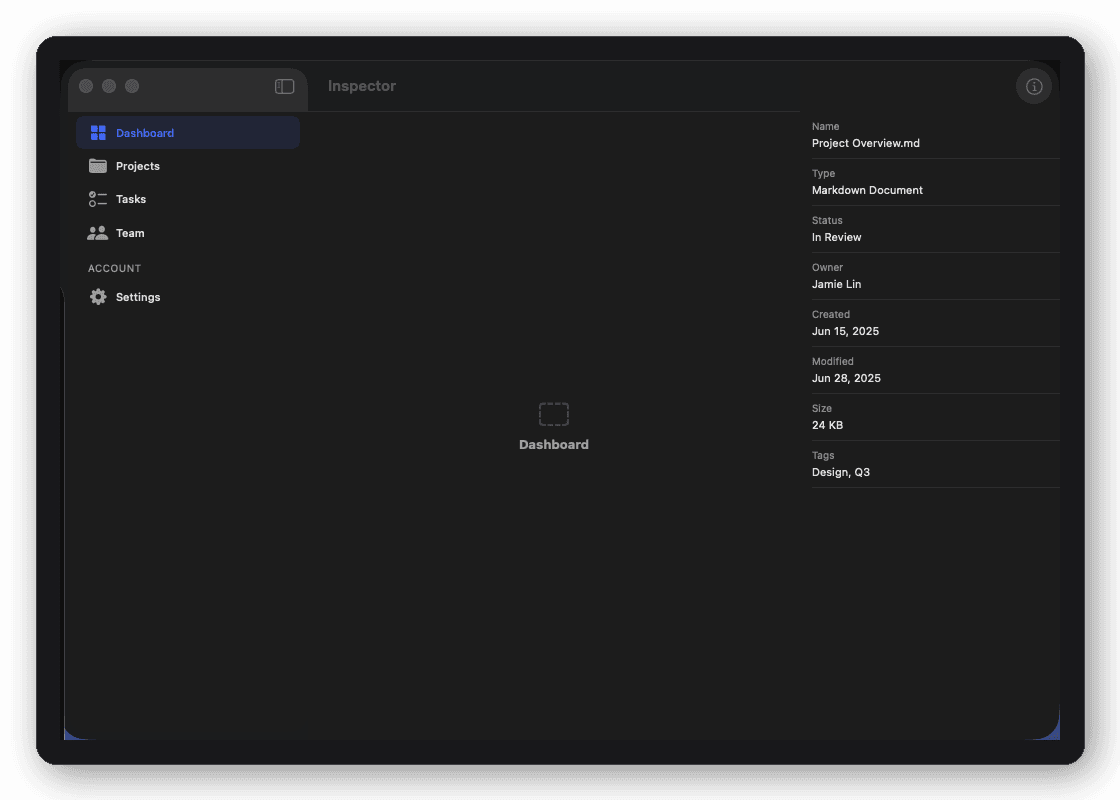 Right Inspector shell layout