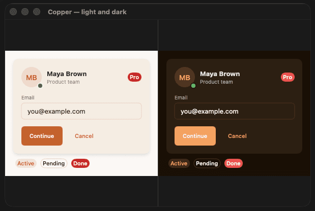 Copper preset — light and dark side by side