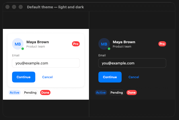 Default theme — light and dark side by side