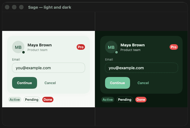 Sage preset — light and dark side by side